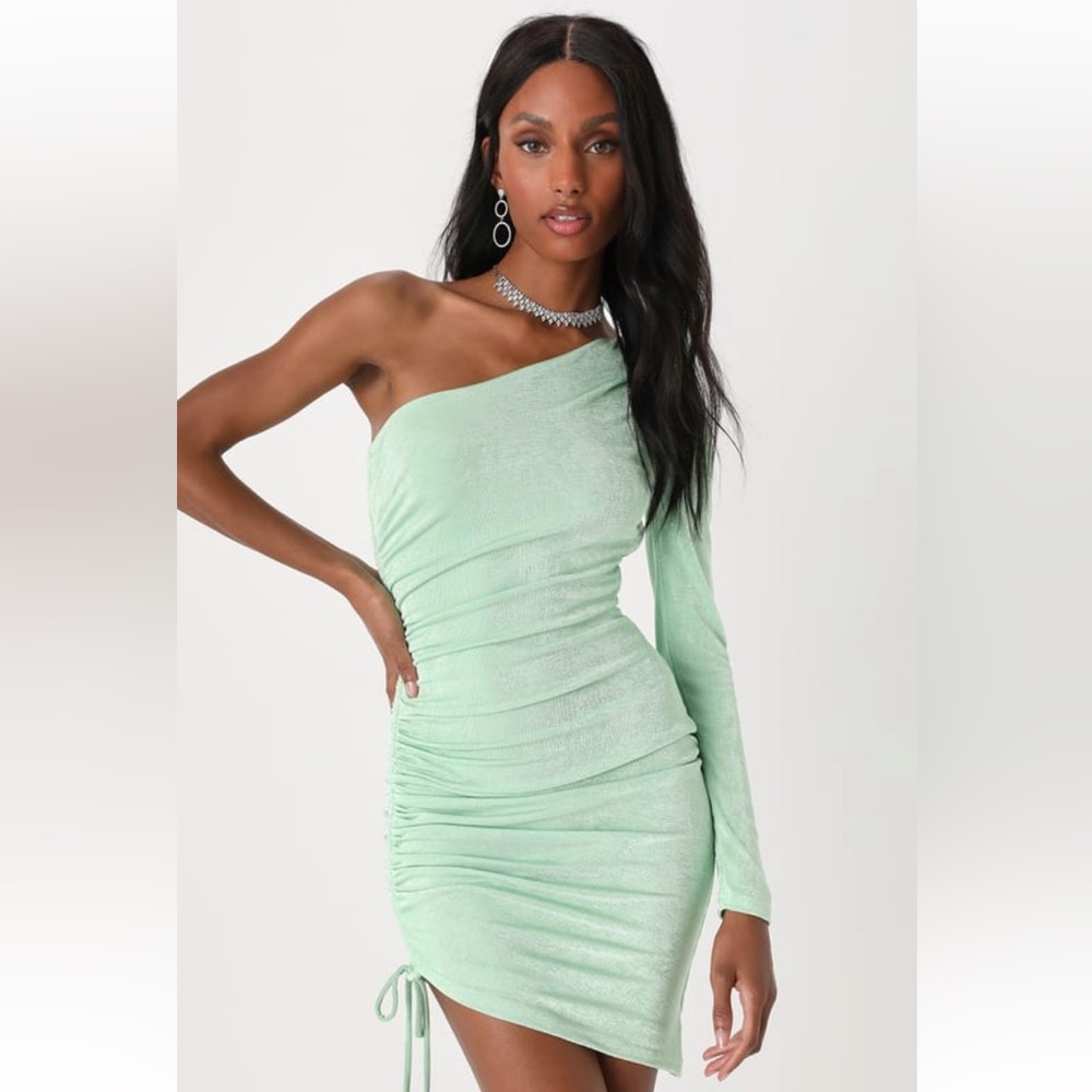 Light Green One-Shoulder Ruched Mini Bodycon Dress